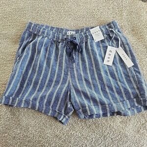Dash Linen Blend Drawstring Flowy Shorts Blue/white Striped Sz L NWT